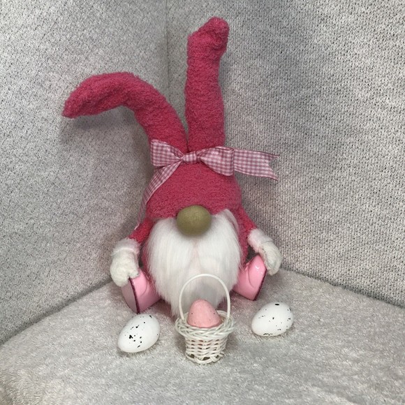 Handmade Pink Plush Easter Rabbit Gnome Egg Basket & Eggs Home Decor Eggs Gnome - Picture 1 of 7
